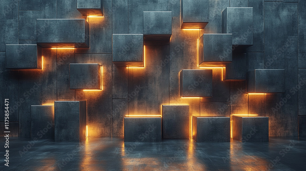 Poster dark concrete wall with integrated white light strips, featuring geometric tech design with illumina