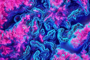 Abstract vibrant pink and blue organic shapes.