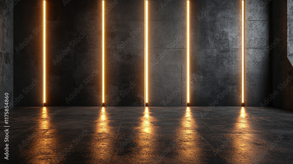 Poster dark concrete wall with integrated white light strips, featuring geometric tech design with illumina