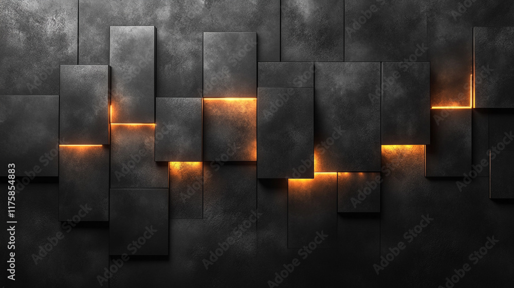 Poster dark concrete wall with integrated white light strips, featuring geometric tech design with illumina