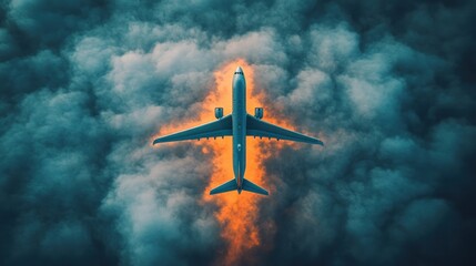 Fototapeta premium Airplane engulfed in dark smoke and fire.