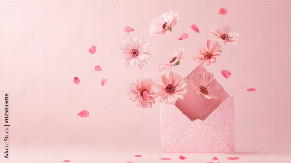 Poster colorful flowers emerging from a pink envelope surrounded by petal decorations for a cheerful spring
