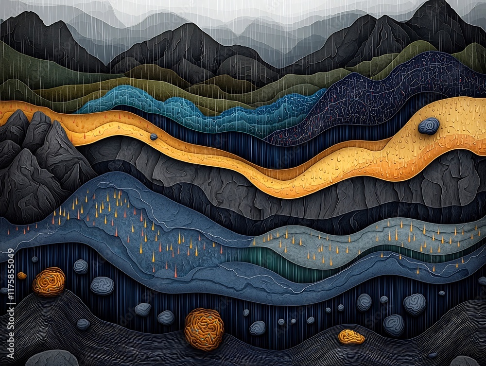 Poster captivating topographical data mapping with dynamic cartographic composition illustrating rainfall p