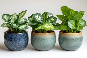 Fototapeta premium Three potted plants with variegated leaves in ceramic pots