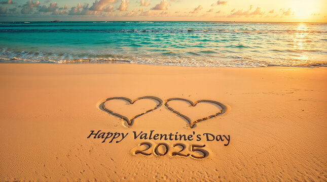 two hearts drawn in sand on a beach with text that reads “Happy Valentine’s Day 2025” - Powered by Adobe