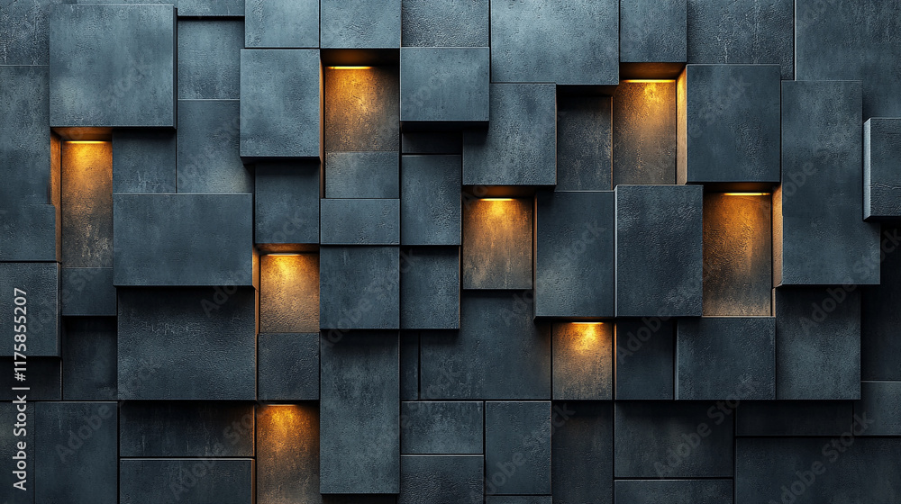Poster Dark concrete wall with integrated white light strips, featuring geometric tech design with illuminated, futuristic 3D blocks creating a minimalistic and modern look

