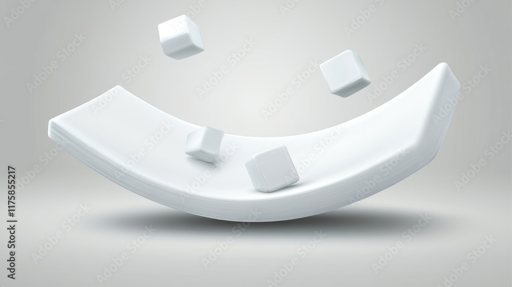 Poster Abstract white curved shape with floating cubes.