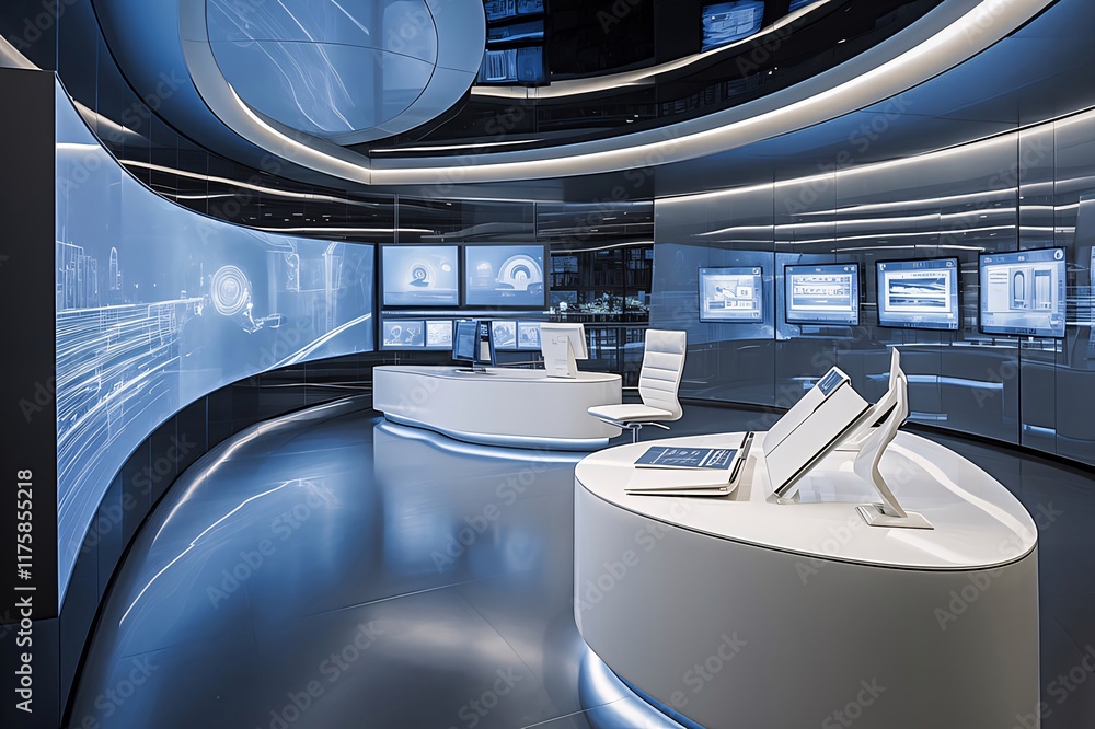 Poster futuristic control room interior with curved screens displaying data and technology.