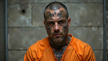 Portrait of a tattooed criminal in an orange prison uniform staring intently - Generative AI