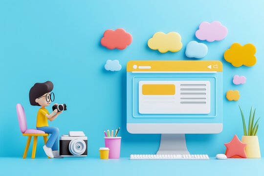 A 3D illustration of video blogging, showcasing content creation and viewing, e-business, promotional strategies, follower engagement, and monetizing creativity, ideal for modern web banner design.