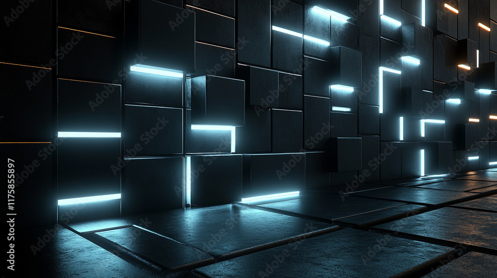 Poster dark concrete wall with integrated white light strips, featuring geometric tech design with illumina