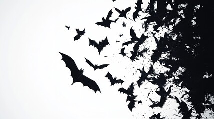 Fototapeta premium Silhouettes of Bats Flying on White Background with Shadows and Motion Blur for Spooky Vibes