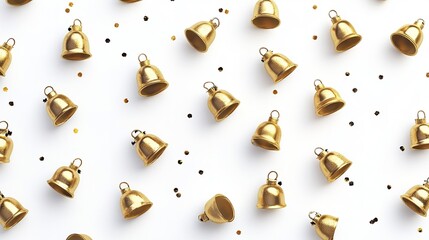 Golden Jingle Bells on White Background in Festive Pattern with Glistening Metallic Highlights
