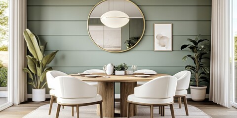 Elegant dining room, sage green walls, vertical striped wallpaper, round gold mirror, wooden dining table, curved white chairs, minimalist decor, potted plant, soft natural lighting, warm tones, Scand