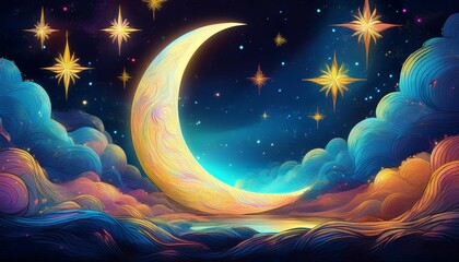dreamy crescent moon illustration night sky fantasy art