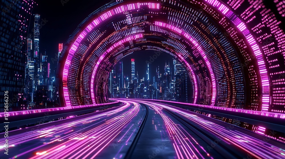 Poster mesmerizing neon lit cityscape with dazzling data flows and intertwining patterns a hypnotic abstrac