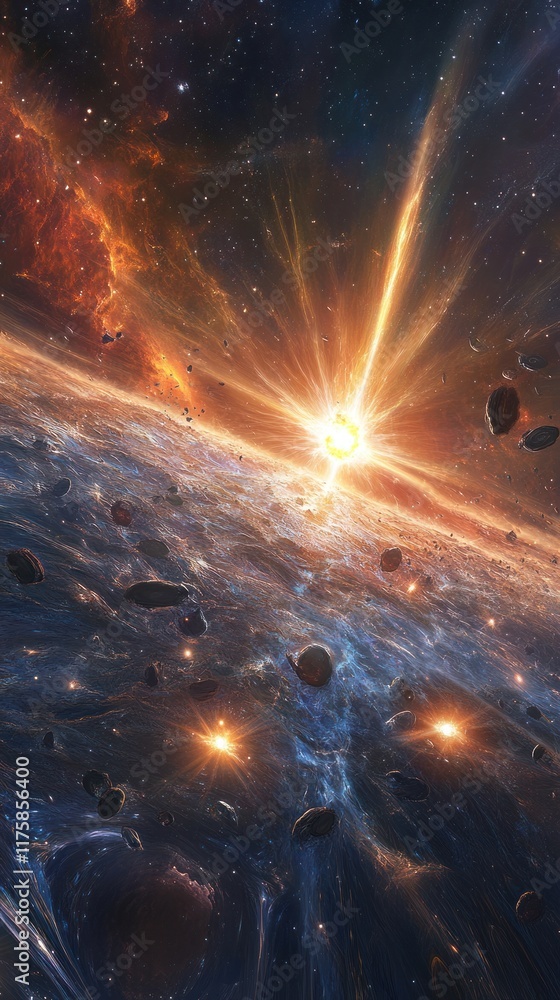 Poster celestial explosion above a distant planet with vibrant nebula elements and glowing stars in a dark 