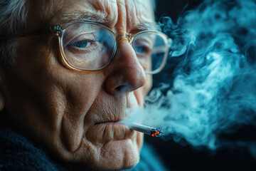Fototapeta premium A wrinkled man smoking a cigarette, symbolizing age, habit, and life experience