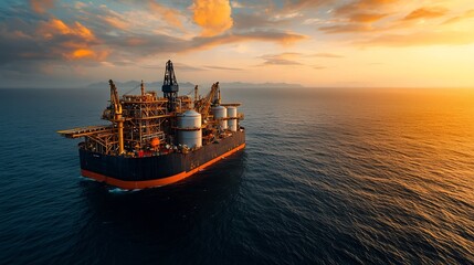 Massive Offshore Floating Production Storage and Offloading FPSO Unit Vessel Operating in Calm Azure Ocean under Vibrant Golden Sunset Sky