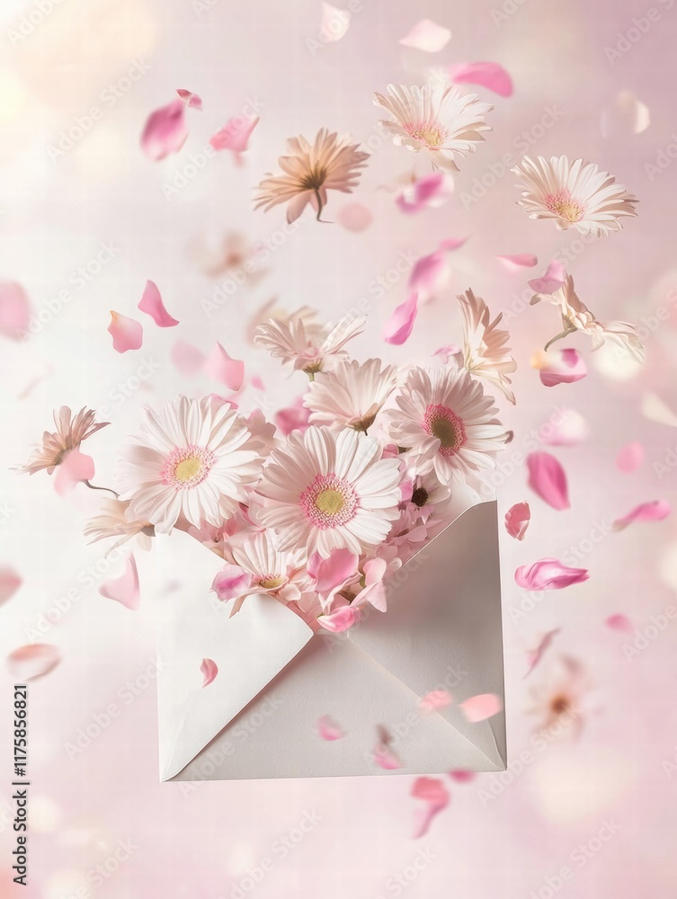 Aufkleber beautiful flowers burst from an envelope surrounded by delicate petals in a soft pastel background. 
