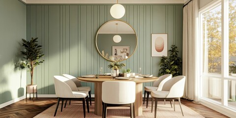 Elegant dining room, sage green walls, vertical striped wallpaper, round gold mirror, wooden dining table, curved white chairs, minimalist decor, potted plant, soft natural lighting, warm tones, Scand