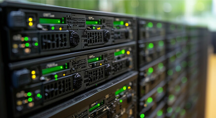 Naklejka premium A row of servers with green indicator lights glowing in a modern server room.