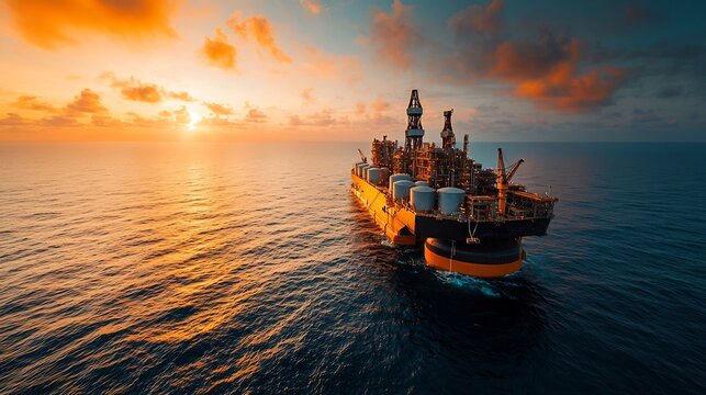 Massive offshore floating production storage and offloading FPSO unit operating in calm azure ocean under a vibrant golden sunset sky  Robust industrial design with sleek functional aesthetic