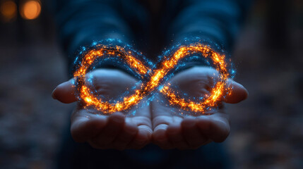 A digital hand holding a glowing virtual reality infinity symbol in a blurred space with a blank caption area on the side representing endless possibilities and chaos in a futuristic world of technolo