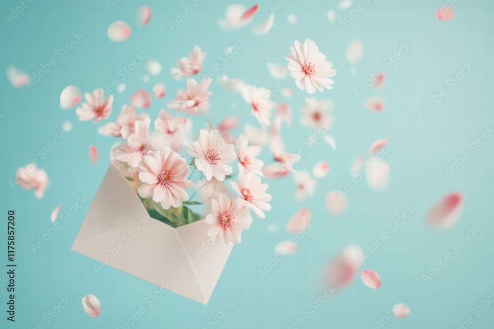 Aufkleber beautiful pink flowers bursting from a white envelope against a blue background creating a whimsical