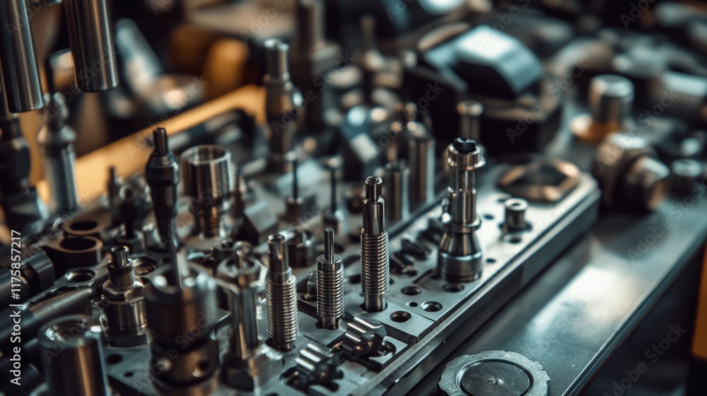 Poster close-up view of precision mechanical tools and equipment on a workbench in a workshop setting highl
