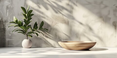 Product presentation in 3D with a gray backdrop wood podium with a platform shaped like leaves. Vector 3D render with podium on a grey background, Generative AI.