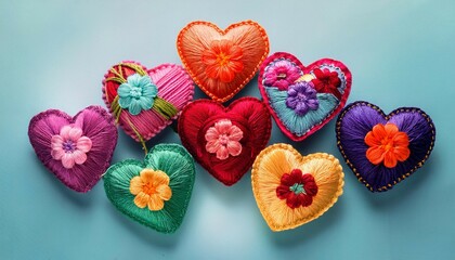 multicolored hearts with flowers embroidered with threads valentine s day card