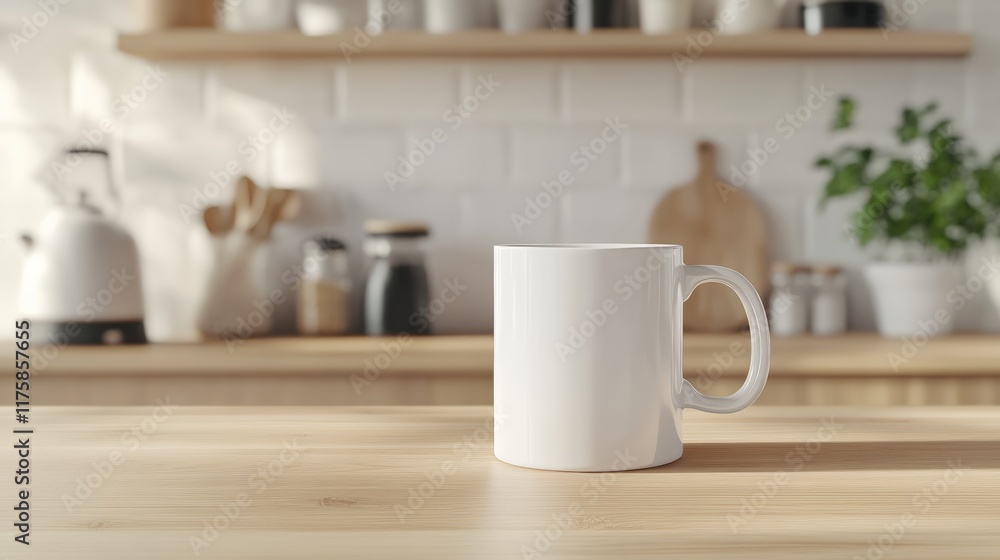 Poster white ceramic mug is standing on wooden table in a modern style kitchen with blurred background, cre