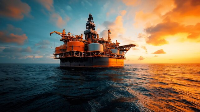 Massive offshore floating production storage and offloading FPSO unit operating in calm azure ocean under a vibrant golden sunset sky  Robust industrial design with sleek functional aesthetic