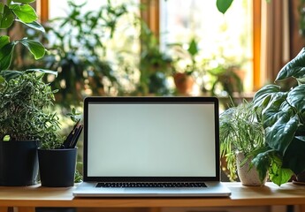 A laptop with a blank screen is placed on the table in a cozy home office, surrounded by green plants and natural light from the window.