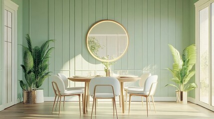 Elegant dining room, sage green walls, vertical striped wallpaper, round gold mirror, wooden dining table, curved white chairs, minimalist decor, potted plant, soft natural lighting, warm tones, Scand