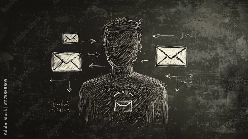 Aufkleber conceptual digital of a hand drawn user avatar surrounded by directional arrows mail icons and other