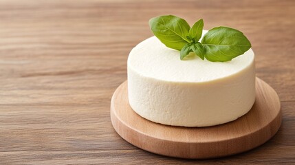 Round white cheese wheel garnished with fresh basil leaves, placed on a wooden board, minimal rustic food presentation, soft cheese with herbs on wooden background, culinary design

