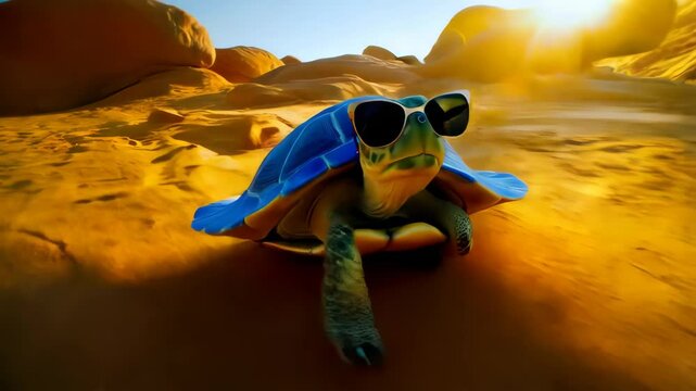 A playful turtle with a bright blue shell and stylish sunglasses strolls across sandy terrain, surrounded by striking orange rock formations under a clear blue sky