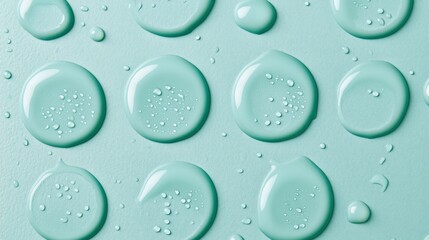 Aqua droplets on teal surface, abstract background.
