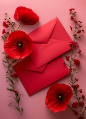 Vibrant red envelopes surrounded by fresh red poppy flowers and delicate greenery on a soft pink background, perfect for invitations or romantic messages.