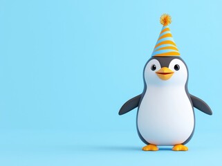 Obraz premium Cheerful Cartoon Penguin Donning a Birthday Hat, Includes Space for Copy (Stock).