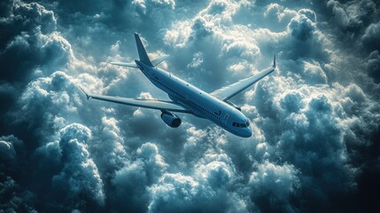 Naklejka premium Airplane flying above dramatic clouds at night.