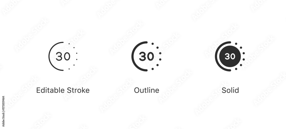Poster 30 second icon timer clock sign. countdown icon , time passage icon. deadline symbol. editable strok