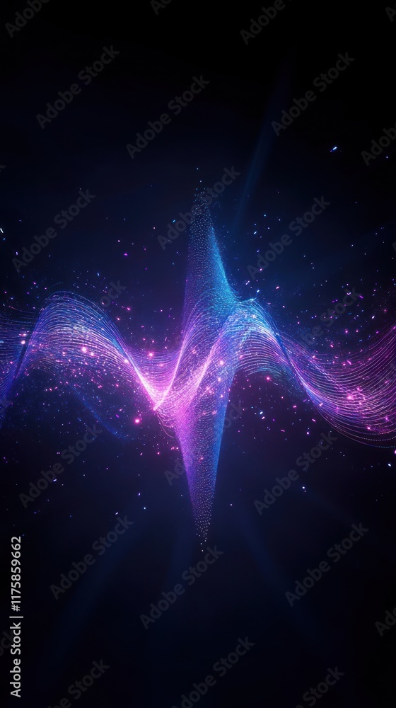 Poster vibrant abstract waveform visualization with purple and blue colors on a dark background for dynamic