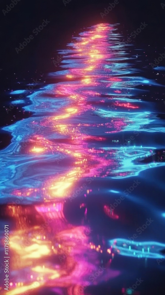 Poster vibrant reflections on water surface capturing iridescent light patterns in a dark environment, crea
