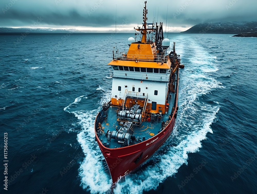 Poster rugged offshore survey ship equipped with advanced sonar arrays meticulously mapping the remote and 