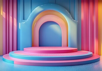 3D rendering of a colorful podium for product display presentation with soft shadows and volumetric lighting.