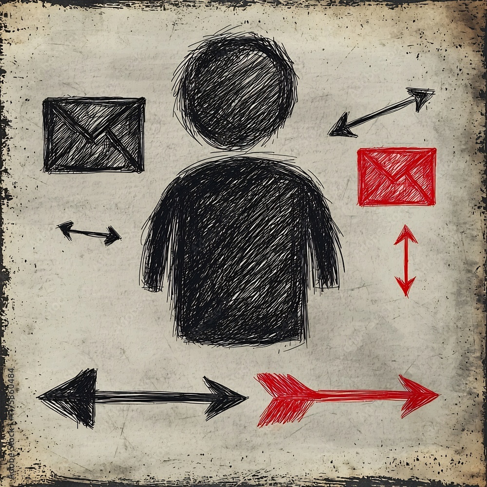 Poster freehand sketch of person icon envelope symbol and arrow graphics representing global digital messag