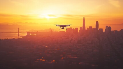 Fototapeta premium Drone Silhouette over San Francisco at Sunset